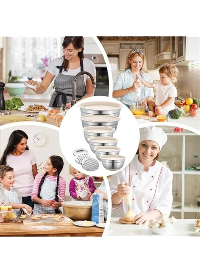 HOOKOR Durku Mixing Bowls with Airtight Lids Set, 6PCS Stainless Steel Nesting Bowls with Grater Attachments, Kitchen Bowls with Non-Slip Bottoms, Size 18,20,22,24,26,28 for Mixing & Serving (Khaki) - Image 4