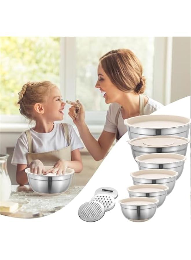 HOOKOR Durku Mixing Bowls with Airtight Lids Set, 6PCS Stainless Steel Nesting Bowls with Grater Attachments, Kitchen Bowls with Non-Slip Bottoms, Size 18,20,22,24,26,28 for Mixing & Serving (Khaki) - Image 5