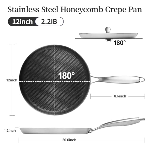 Innerwell Stainless Steel Crepe Pan - 12 Inch Nonstick Crepe Pan, Stainless Steel Honeycomb Coating Pancake Pan, Non Stick Flat Skillet Tawa Dosa Tortilla Griddle Pan, Induction Compatible, PFOA Free - Image 5