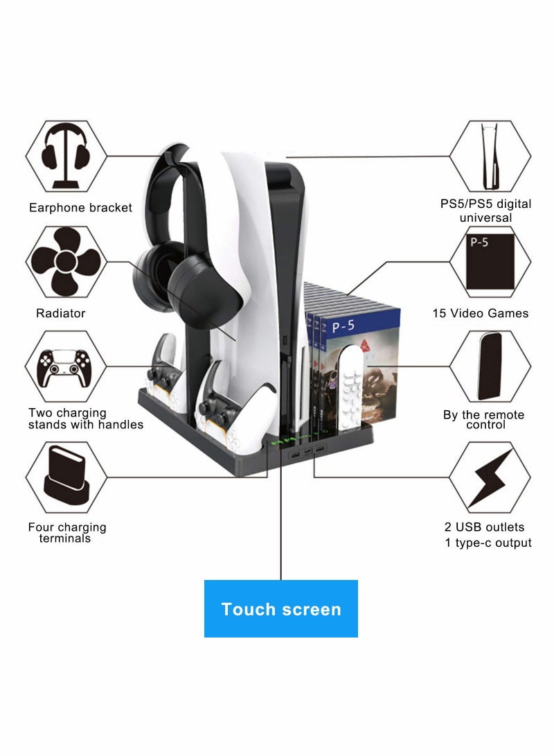 Excefore Vertical Stand with Cooling Fan for PS5 Console with PS5 Dualsense Charging Station, Charging Station Dock with Dual Controller Charger Ports and Retractable Game Storage for PS5 - Image 2