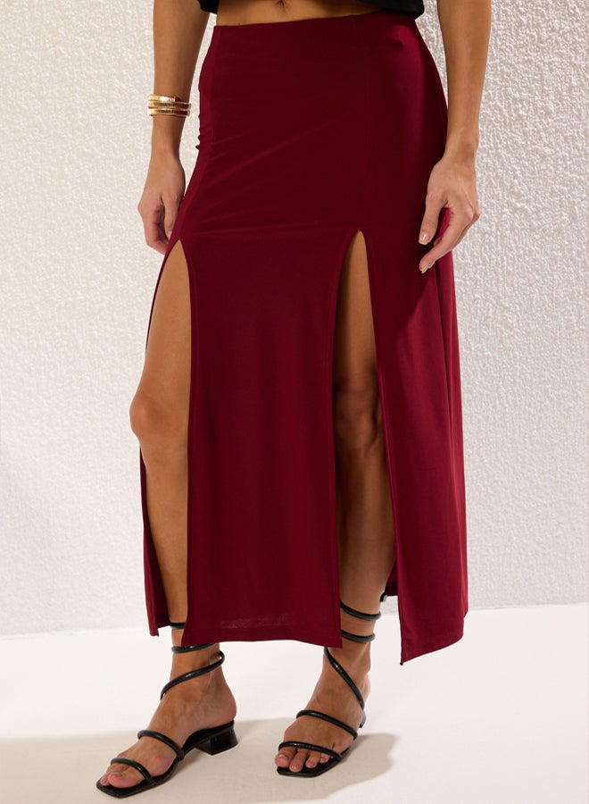 trendyol Burgundy A-line/Belt Opening Slit Elastic Maxi Knitted Skirt - Image 3