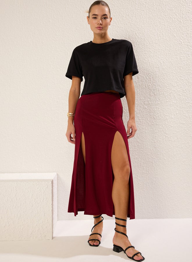trendyol Burgundy A-line/Belt Opening Slit Elastic Maxi Knitted Skirt - Image 1