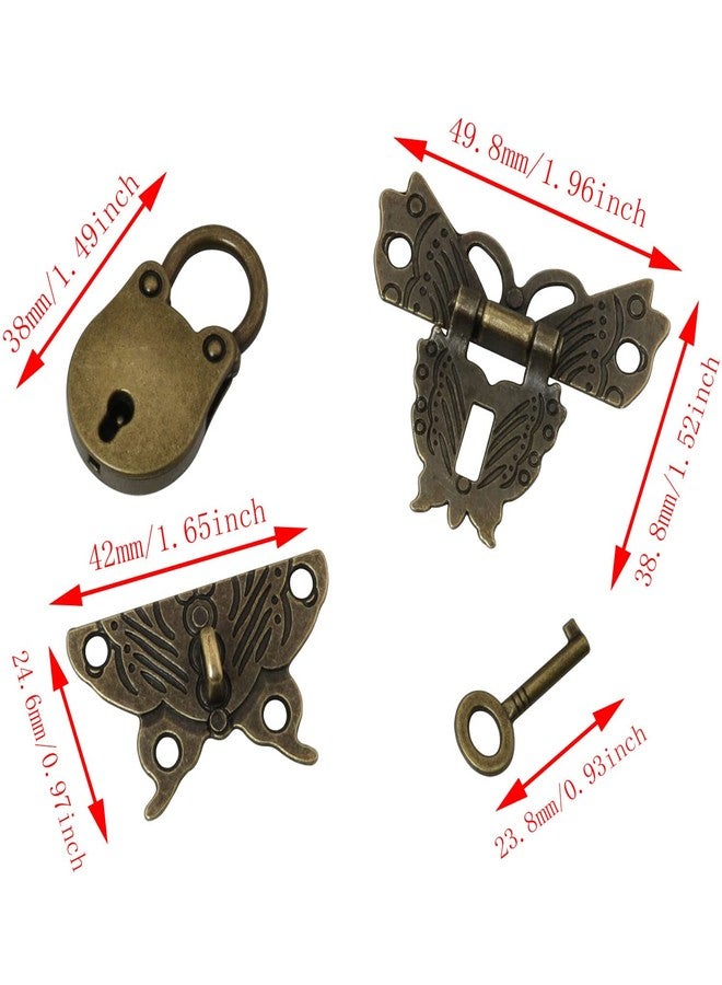 DGBRSM Set of 2 Butterfly Latch Hasps with Screws and Antique Style Mini Padlock with Keys for Small Wooden Jewelry Boxes Suitcase Cabinet, Bronze - Image 2