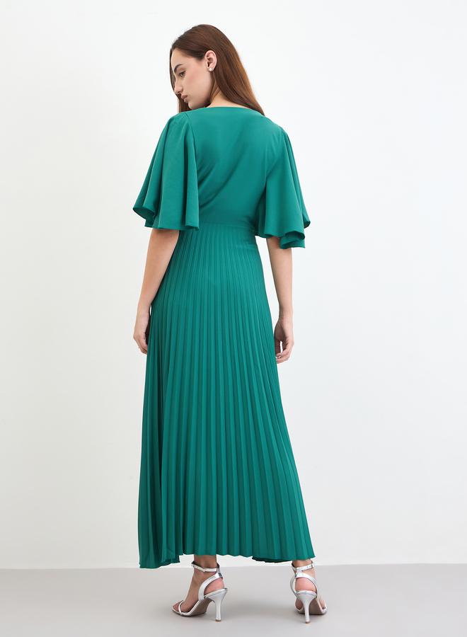Styli Pleated Crepe A-Line Maxi Dress with Frill Sleeves - Image 4
