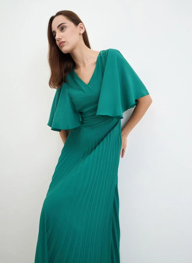 Styli Pleated Crepe A-Line Maxi Dress with Frill Sleeves