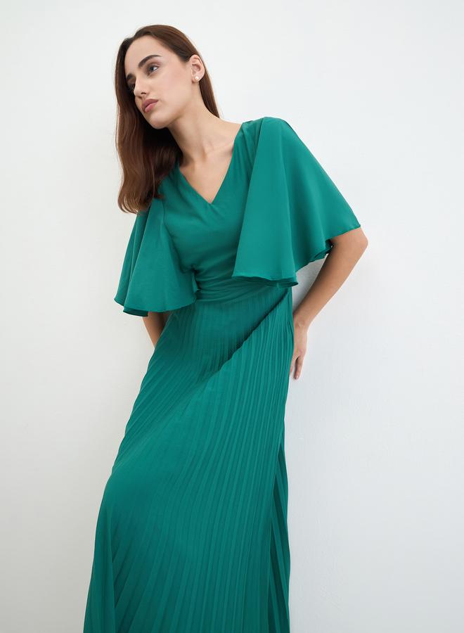 Styli Pleated Crepe A-Line Maxi Dress with Frill Sleeves - Image 1