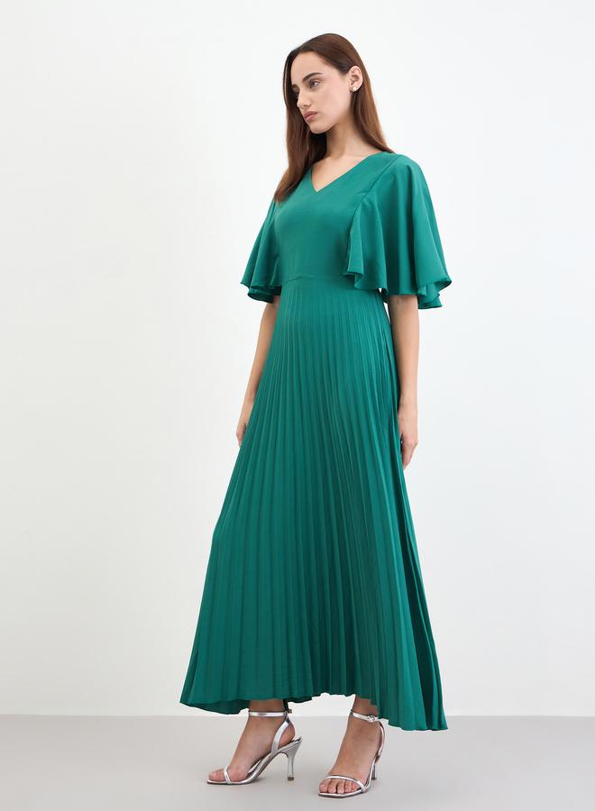 Styli Pleated Crepe A-Line Maxi Dress with Frill Sleeves - Image 5