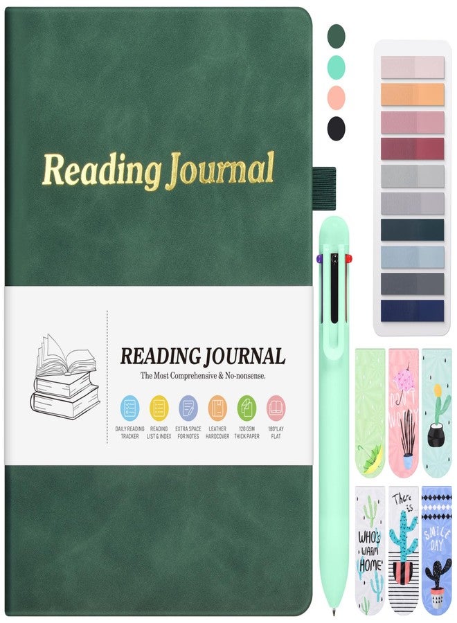 استين مفكرة قراءة لمحبي الكتب، هدية مثالية، تتضمن 65 صفحة لمراجعة الكتب مع فواصل، وعلامات تبويب، وقلم متعدد الألوان، ودفاتر لتتبع الكتب، ومفكرة لنادي الكتاب، وسجل قراءة، ومتتبع للكتب، مقاس A5 أخضر - Image 1