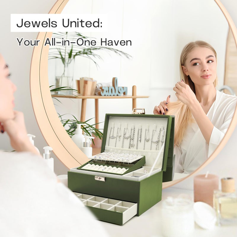 Euedue Jewelry Organizer Box, Jewelry Box Organizers for Women Girls, 3 Layers Large Leather Jewels Storage Case for Earring, Rings, Necklaces Bracelets, Big and Small Jewellery, Watch, Gift (OliveGreen) - Image 4