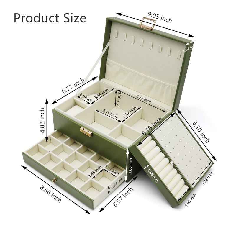 Euedue Jewelry Organizer Box, Jewelry Box Organizers for Women Girls, 3 Layers Large Leather Jewels Storage Case for Earring, Rings, Necklaces Bracelets, Big and Small Jewellery, Watch, Gift (OliveGreen) - Image 2