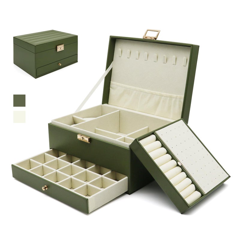 Euedue Jewelry Organizer Box, Jewelry Box Organizers for Women Girls, 3 Layers Large Leather Jewels Storage Case for Earring, Rings, Necklaces Bracelets, Big and Small Jewellery, Watch, Gift (OliveGreen) - Image 1