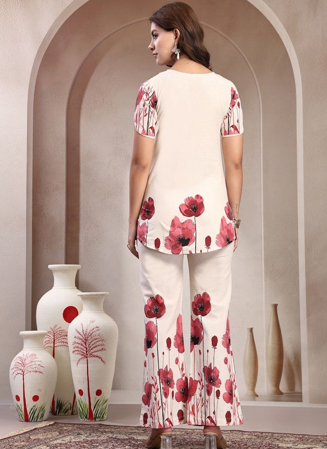 Indibelle Printed Pure Cotton Round Neck Tunic with Trouser Set - Image 3