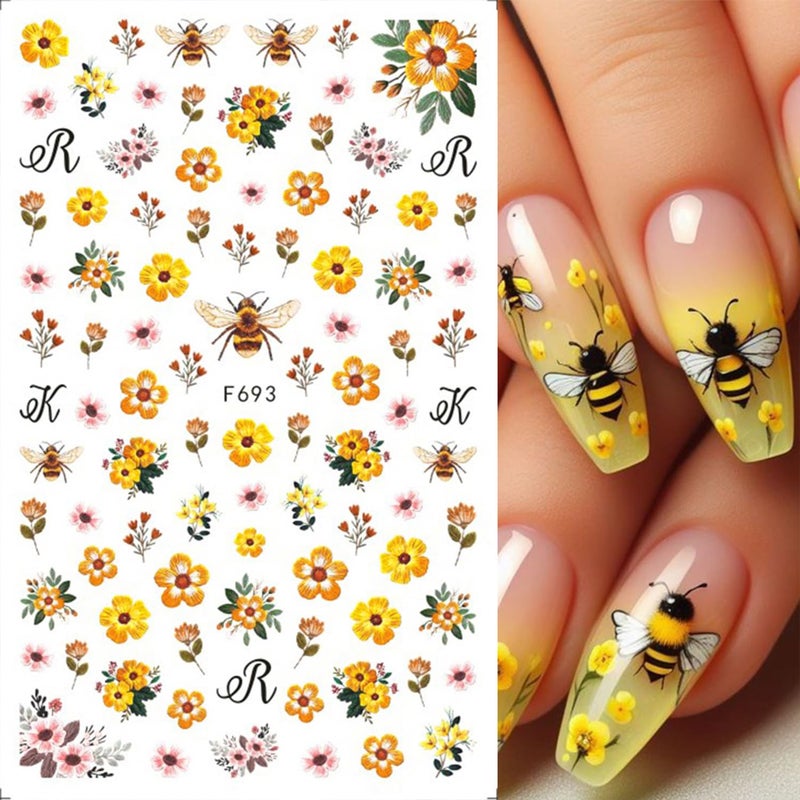 Vopintpy Spring Summer Flower Nails Stickers Decals Bee Butterfly Nails Art Stickers Self-Adhesive Designs Strawberry Nail Art Decals for Women DIY Nails Decorations - Image 3