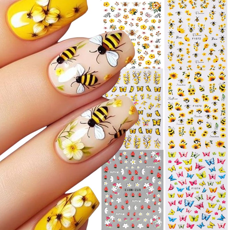 Vopintpy Spring Summer Flower Nails Stickers Decals Bee Butterfly Nails Art Stickers Self-Adhesive Designs Strawberry Nail Art Decals for Women DIY Nails Decorations - Image 1