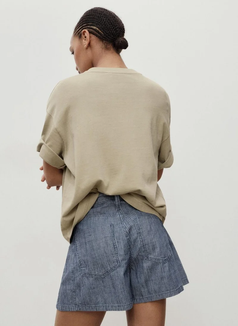 مانجو Striped Denim Shorts With Pleats