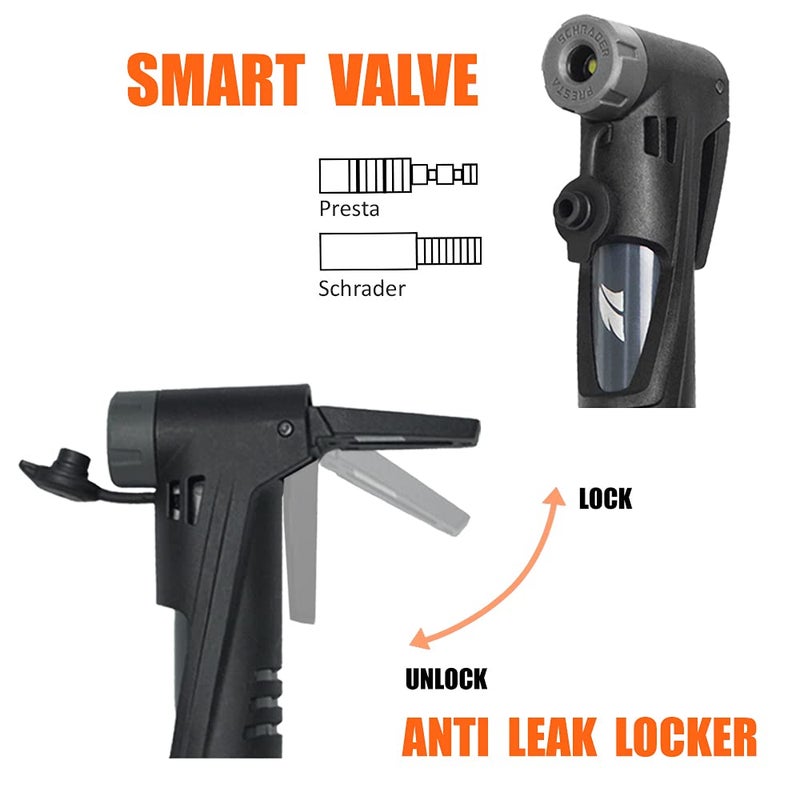 BV Mini Bike Pump Portable Frame Pump, 120PSI High Pressure - Smart Valve Fits Presta & Schrader - Image 2
