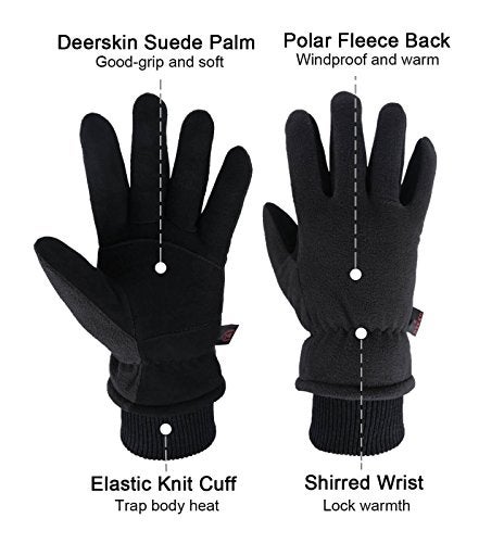 OZERO Ski Gloves Deerskin Leather Winter Thermal Glove Insulated Fleece for Snow Skiing Driving Cycling Hiking Runing Hand Warmer in Cold Weather for Men and Women Medium Black - Image 2