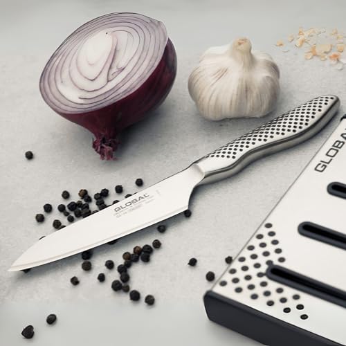 GLOBAL سكين متعددة الاستخدامات أوروبية 4 1/4 بوصة - خفيفة الوزن من الفولاذ المقاوم للصدأ الياباني، حافة حادة كالشفرات، مصنوعة في اليابان، GS-58 - Image 2