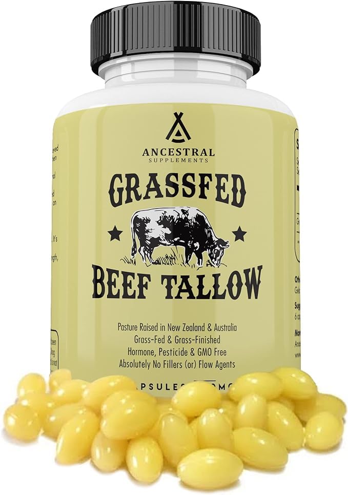 Ancestral Supplements Grass Fed Beef Tallow Capsules 3000mg Nourishing Kidney Fat Supplement Supports Bones Teeth Gums Skin Immune and Overall Health NonGMO 180 Capsules
