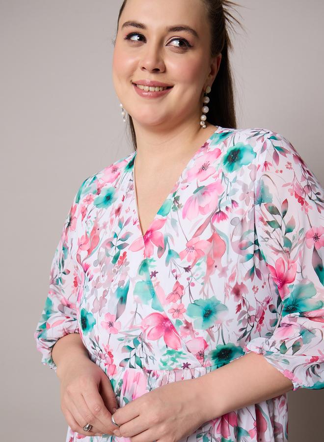 Sassafras Plus Size Floral Print Wrap Midi Dress - Image 4