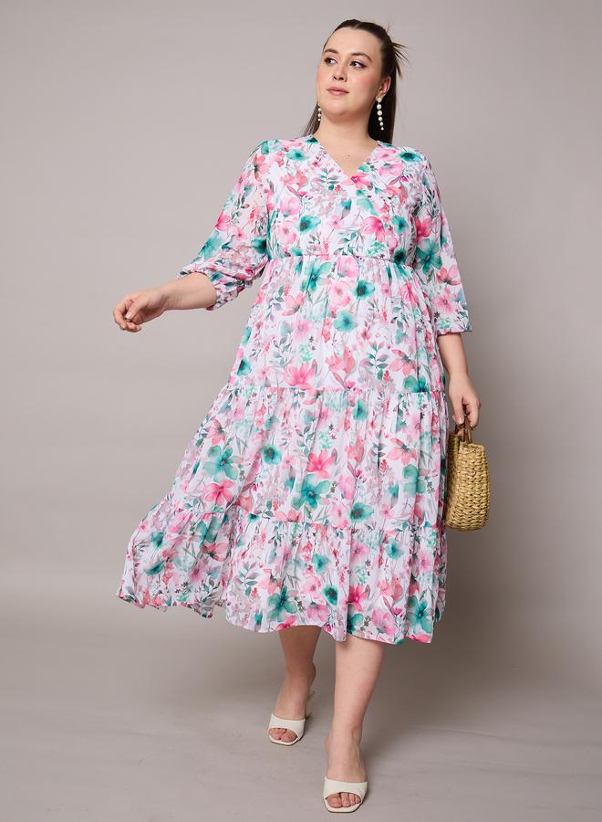 Sassafras Plus Size Floral Print Wrap Midi Dress - Image 1