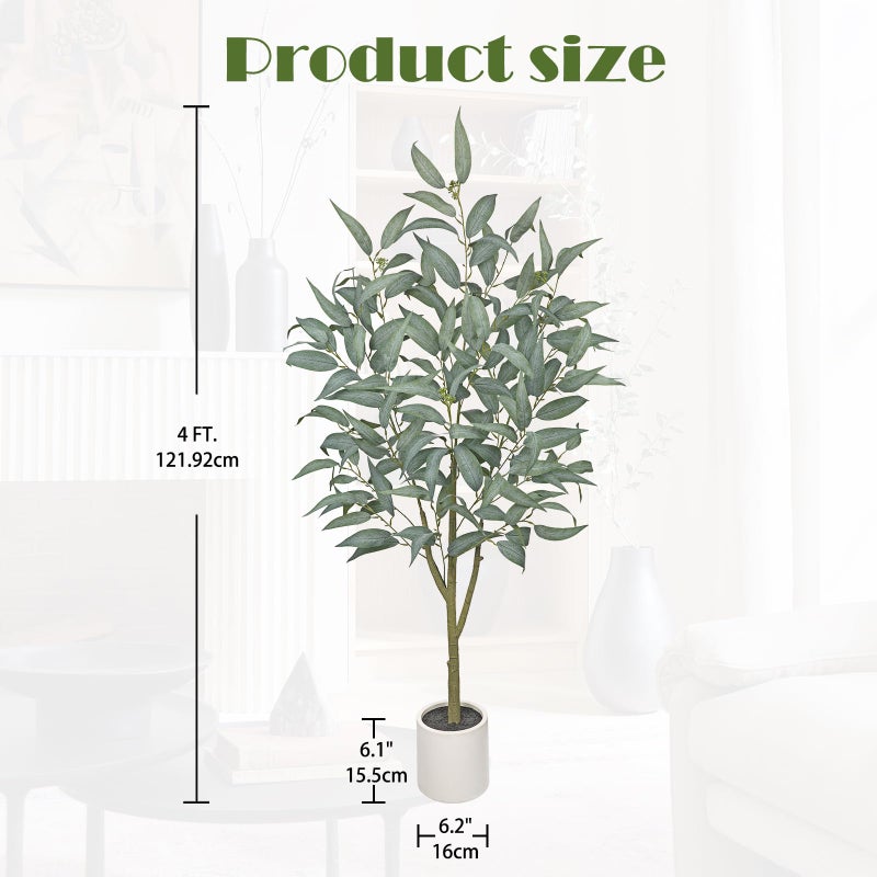 Briful Artificial Eucalyptus Tree in White Pot â€“ 4FT Faux Indoor Plant for Home DÃ©cor, Modern Greenery for Living Room, Bedroom, Office â€“ Realistic Silk Leaves, Minimalist Planter - Image 2