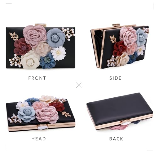 Milisente Evening Bag for Women, Flower Wedding Evening Clutch Purse Bride Floral Clutch Bag(Black-1) - Image 5