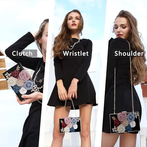 Milisente Evening Bag for Women, Flower Wedding Evening Clutch Purse Bride Floral Clutch Bag(Black-1) - Image 2