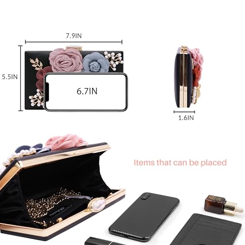 Milisente Evening Bag for Women, Flower Wedding Evening Clutch Purse Bride Floral Clutch Bag(Black-1) - Image 3
