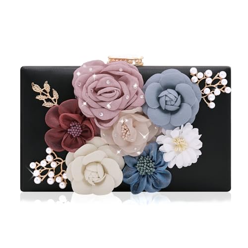 Milisente Evening Bag for Women, Flower Wedding Evening Clutch Purse Bride Floral Clutch Bag(Black-1) - Image 1