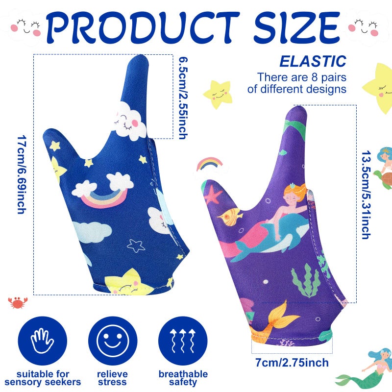 جانميرسي 16 Pcs Thumb Sucking Stop for Kids Chewy Gloves Stop Breathable Thumb Guard for Nail Biting Gloves Cute Finger Sucking Stopper for Kids, 8 Style, 2 Finger(8-12 Years) - Image 2