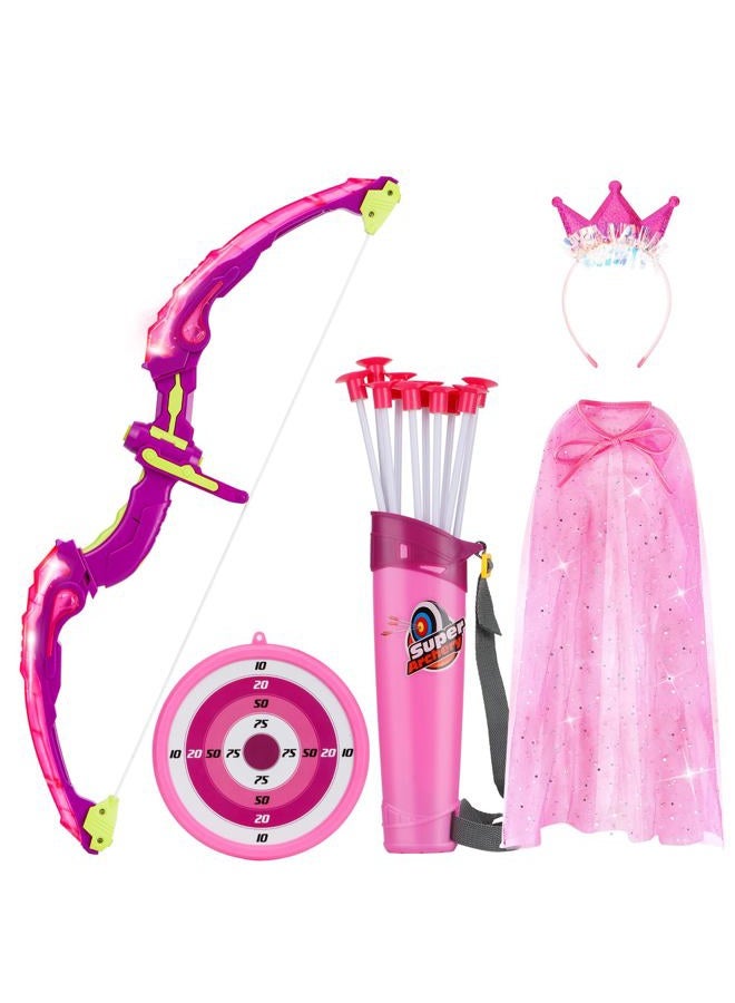 VGOFUN Bow and Arrow for Kids, LED Light Up Archery Set with Princess Cape and Crown, 10 Suction Cup Arrows, Target & Quivers, Outdoor Toy for Girls Aged 3-8, Birthday Gifts Toys for 4 5 6 7 8 Year Old - Image 1