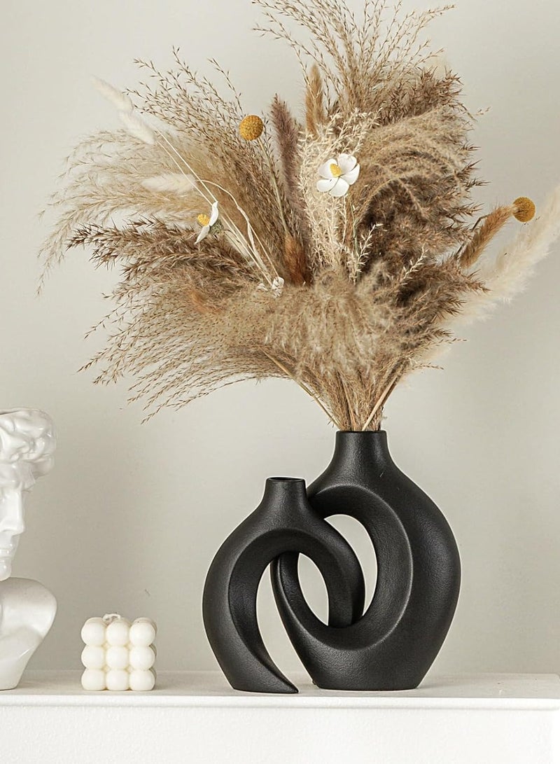 ميكسد الزهرة السيراميكية مجموعة من 2، الشمال الحديثة بوهو ins أسلوب الزهرة الزهرية الجمالية السيراميكية الزهرة للديكور المنزلي (الأسود) - Image 1