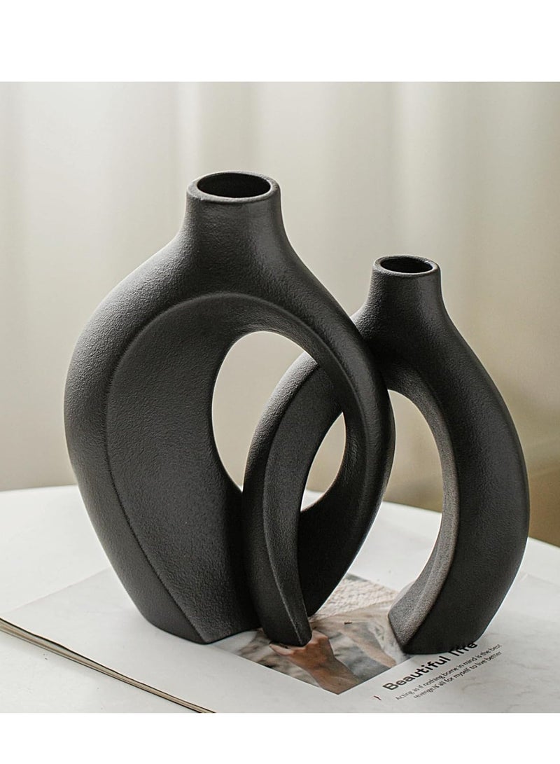 ميكسد الزهرة السيراميكية مجموعة من 2، الشمال الحديثة بوهو ins أسلوب الزهرة الزهرية الجمالية السيراميكية الزهرة للديكور المنزلي (الأسود) - Image 3
