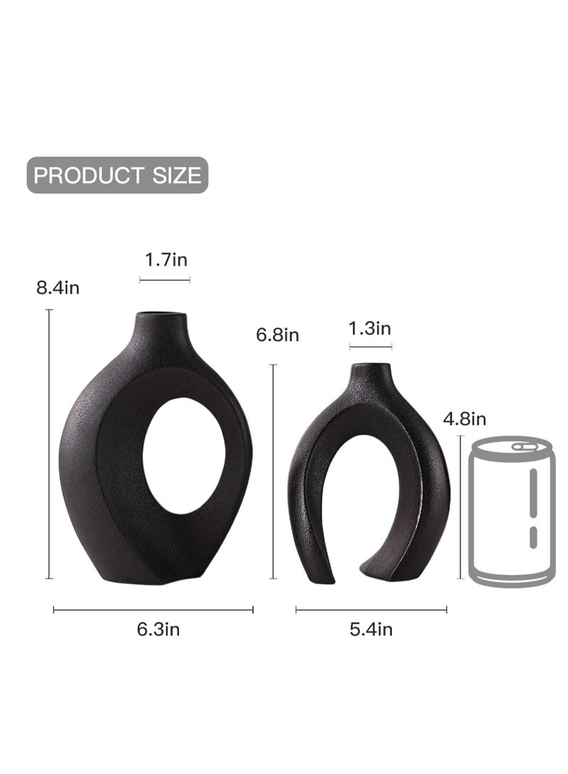 ميكسد الزهرة السيراميكية مجموعة من 2، الشمال الحديثة بوهو ins أسلوب الزهرة الزهرية الجمالية السيراميكية الزهرة للديكور المنزلي (الأسود) - Image 2