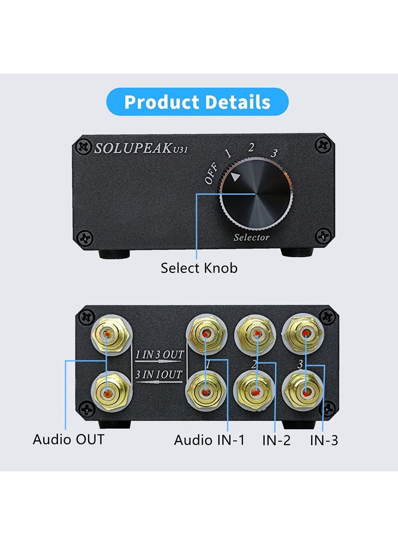 SOLUPEAK SOLUPEAK U31 Premium RCA Switch Box, 3 in 1 Out Audio Switch, Stereo Switch Box with Signal Lossless, Sturdy Aluminum case Strong Anti-Interference, Compact Connector Distributor RCA Splitter Boxes  - Image 4