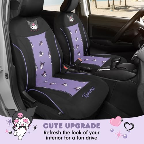 Carbella Hello Kitty Kuromi Car Seat Covers - Cute Black and Purple Front Seat Covers with 4PC Carpet Car Floor Mats - Universal Fit for Cars, SUVs & Trucks - Black with Kuromi Print & Purple, Pink Accents - Image 4