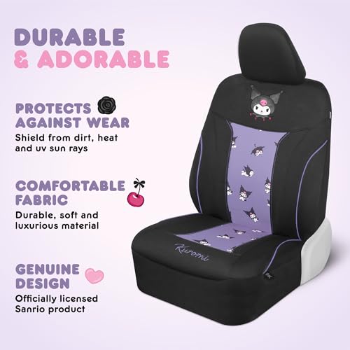 Carbella Hello Kitty Kuromi Car Seat Covers - Cute Black and Purple Front Seat Covers with 4PC Carpet Car Floor Mats - Universal Fit for Cars, SUVs & Trucks - Black with Kuromi Print & Purple, Pink Accents - Image 3