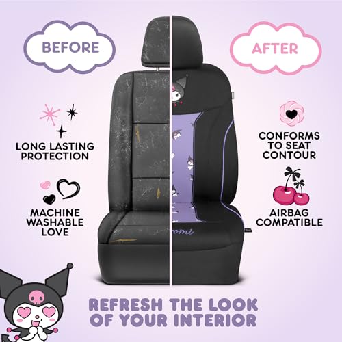 Carbella Hello Kitty Kuromi Car Seat Covers - Cute Black and Purple Front Seat Covers with 4PC Carpet Car Floor Mats - Universal Fit for Cars, SUVs & Trucks - Black with Kuromi Print & Purple, Pink Accents - Image 5