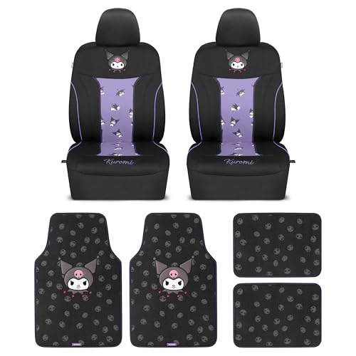 Carbella Hello Kitty Kuromi Car Seat Covers - Cute Black and Purple Front Seat Covers with 4PC Carpet Car Floor Mats - Universal Fit for Cars, SUVs & Trucks - Black with Kuromi Print & Purple, Pink Accents - Image 1
