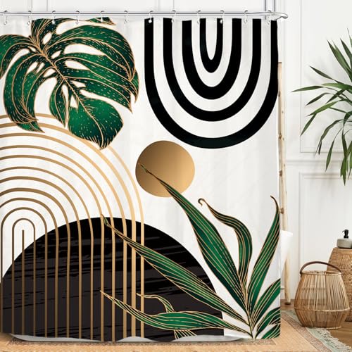 Miyotaa Abstract Emerald Green Shower Curtain Set 60Wx71H Inches Mid Century Minimalist Modern Tropical Leaves Geometric Contemporary Polyester Waterproof Bathroom Curtain with 12 Hooks - Image 2