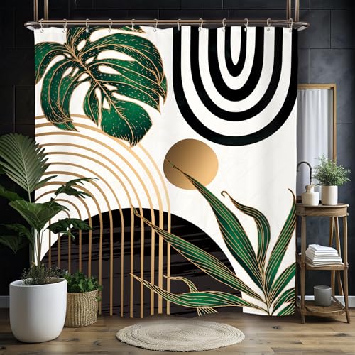 Miyotaa Abstract Emerald Green Shower Curtain Set 60Wx71H Inches Mid Century Minimalist Modern Tropical Leaves Geometric Contemporary Polyester Waterproof Bathroom Curtain with 12 Hooks - Image 1