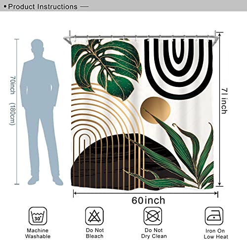 Miyotaa Abstract Emerald Green Shower Curtain Set 60Wx71H Inches Mid Century Minimalist Modern Tropical Leaves Geometric Contemporary Polyester Waterproof Bathroom Curtain with 12 Hooks - Image 4