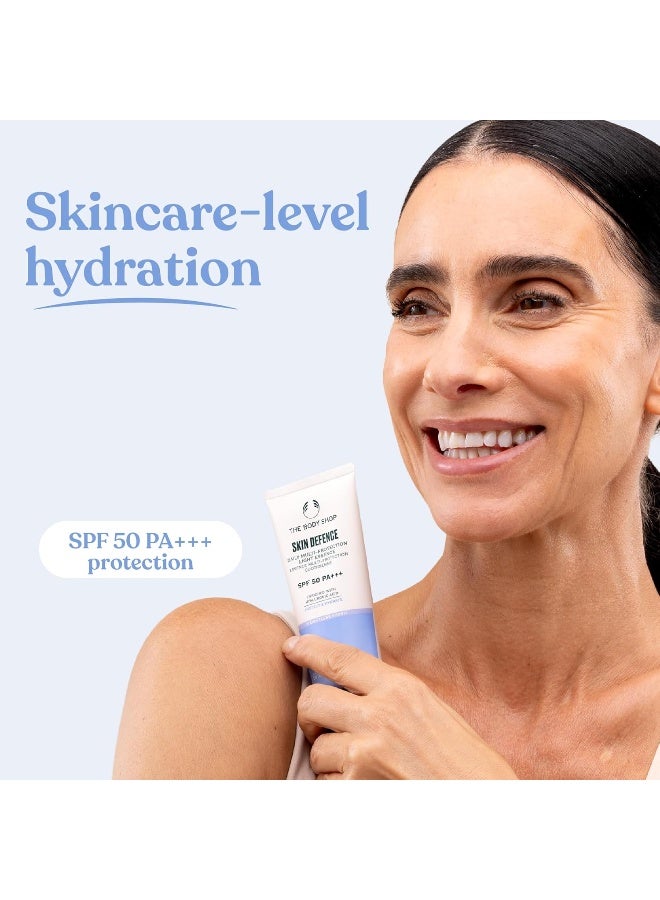 THE BODY SHOP إيسنس خفيفة متعددة الحماية للدفاع عن البشرة SPF 50 PA+++ – واقي شمس يومي خفيف ومرطب للوجه | حماية واسعة النطاق من UVA/UVB، يحمي من التلوث | غير دهني، سريع الامتصاص، لمسة غير مرئية، 50 مل - Image 3