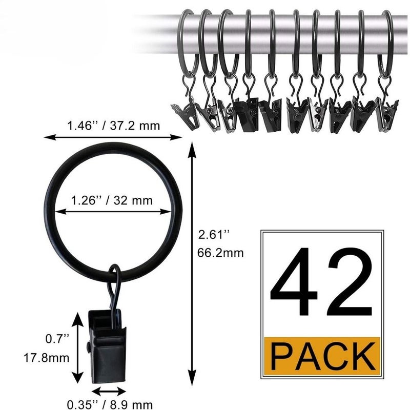 42 Pack Black Curtain Rings with Clips 1.26 Inch Interior Diameter Metal Drapery Hooks Compatible with Up to 1 Inch Rod - Image 2