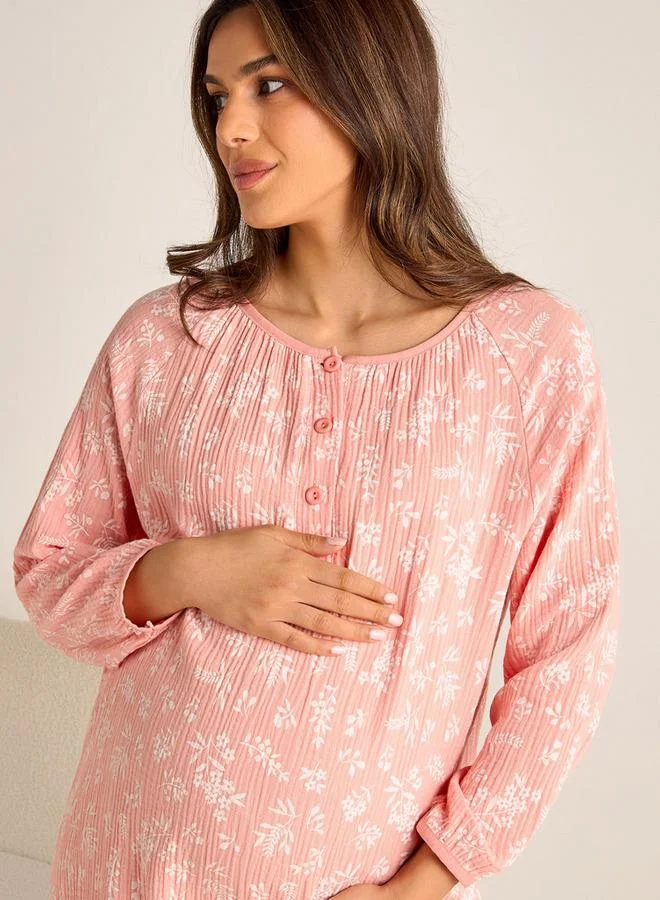 Splash FAV Floral Print Maternity Night Dress with Long Sleeves