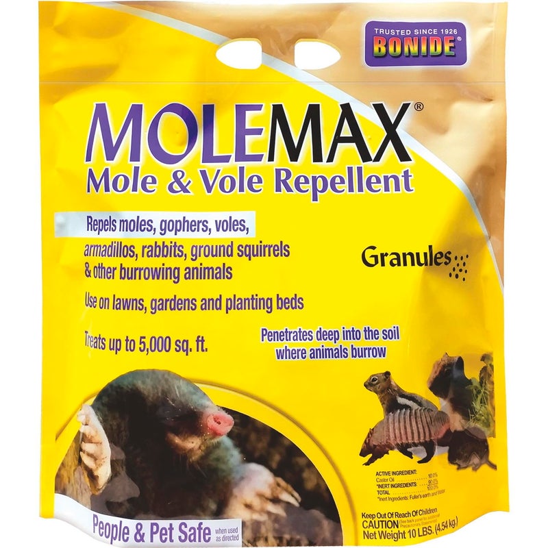 Bonide MOLEMAX Mole & Vole Repellent Granules, 10 lbs. Ready-to-Use, Outdoor Lawn & Garden Mole Control, People & Pet Safe - Image 1