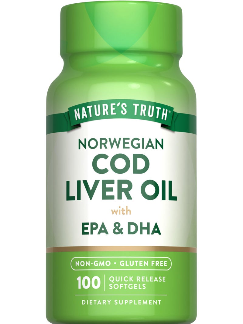 زيت كبد السمك النرويجي من ناتشرز تروث 100 كبسولة لينة مع EPA DHA خالية من الكائنات المعدلة وراثيًا وخالية من الغلوتين