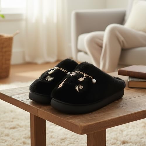 VRITRAZ Women’s Cozy Warm Fur Slippers | Soft Plush Indoor Outdoor Shoes | Anti-Slip Memory Foam Winter Footwear | Stylish Ladies Home Slippers with Charms (Black – Size 8) - Image 2