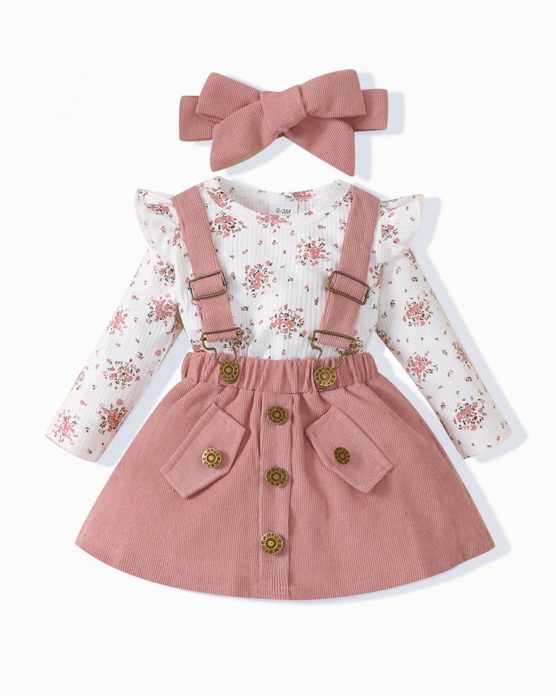 SODLON SODLON Newborn Baby Girl Clothes 03 Months Infant Dresses Outfits Winter Fall Suspender Skirt Sets Overalls Dress Ribbed Floral Romper Cute Gifts Stuff Baby Clothes for Girls Dark Pink 